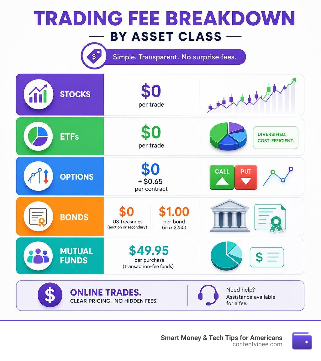 Infographic showing Fidelity trading fee breakdown by asset class including stocks ETFs options bonds and mutual funds