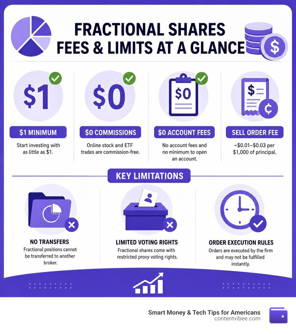 Infographic showing Fidelity fractional share fees, $1 minimum, $0 commissions, and key limitations infographic