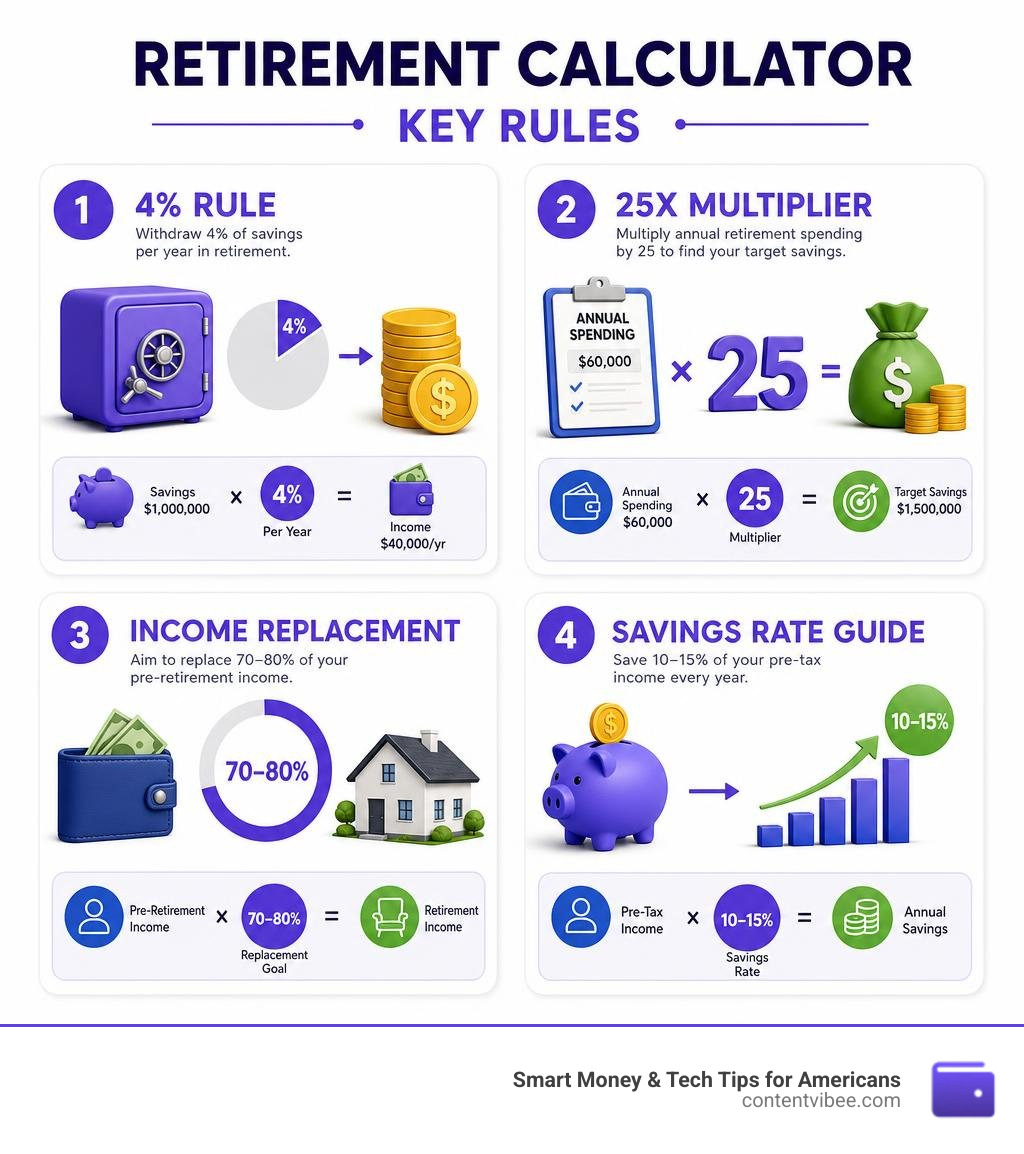 Retirement calculator key rules: 4% rule, 25x multiplier, income replacement, savings rate guide infographic