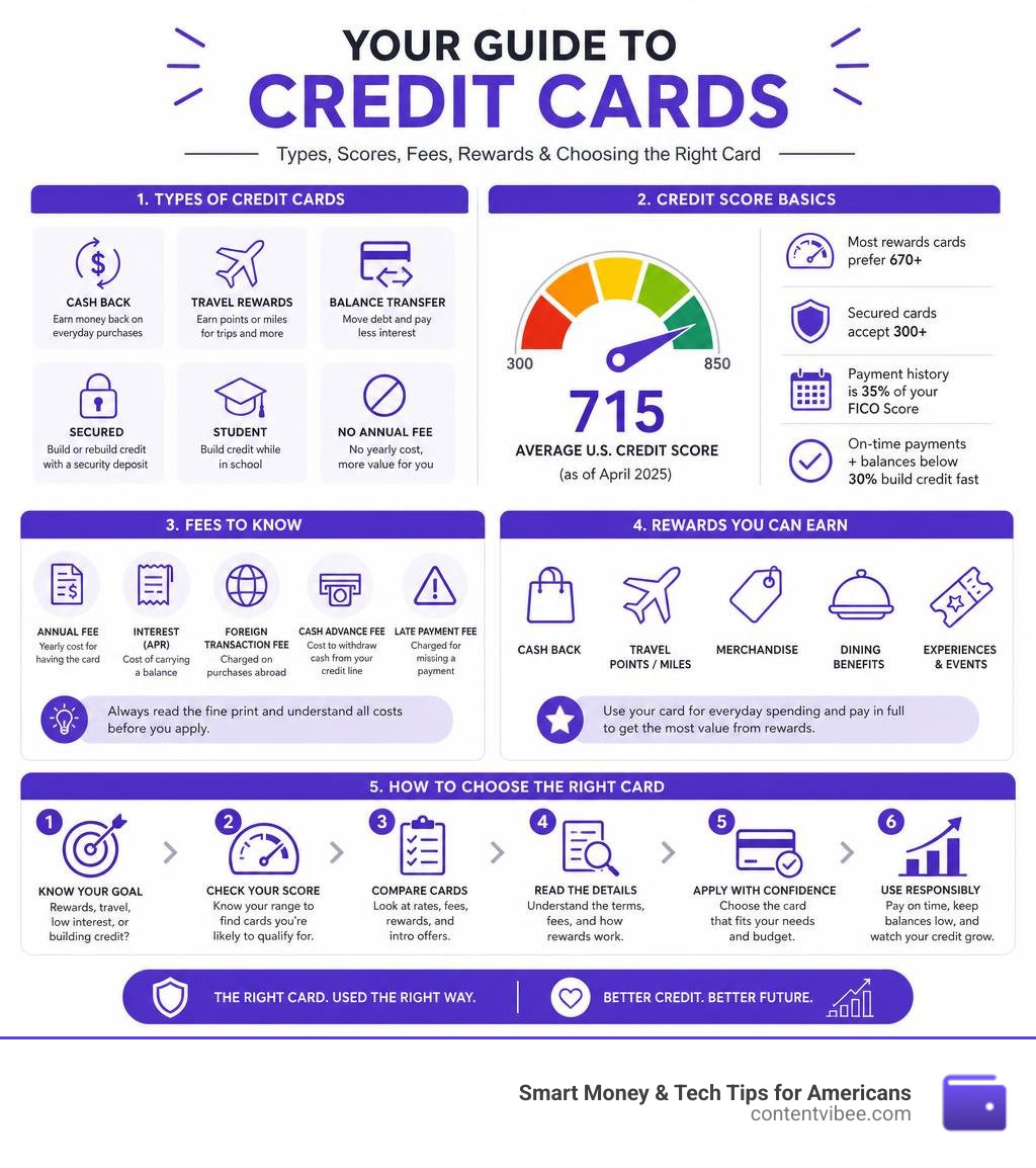 credit card types, credit score basics, fees, rewards, and how to choose the right card infographic