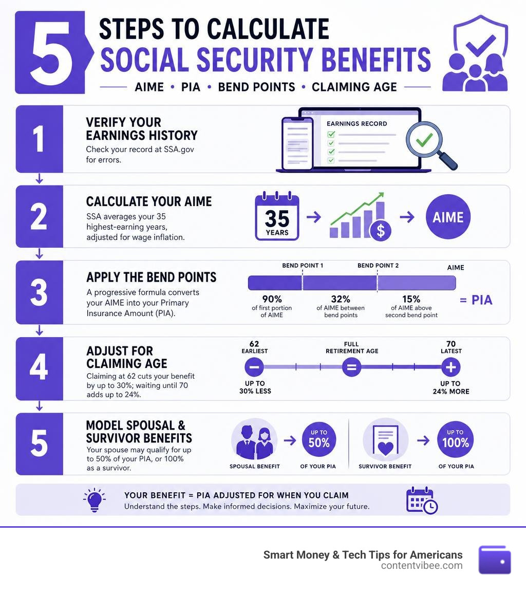 5 steps to calculate Social Security benefits with AIME, PIA, bend points, and claiming age infographic