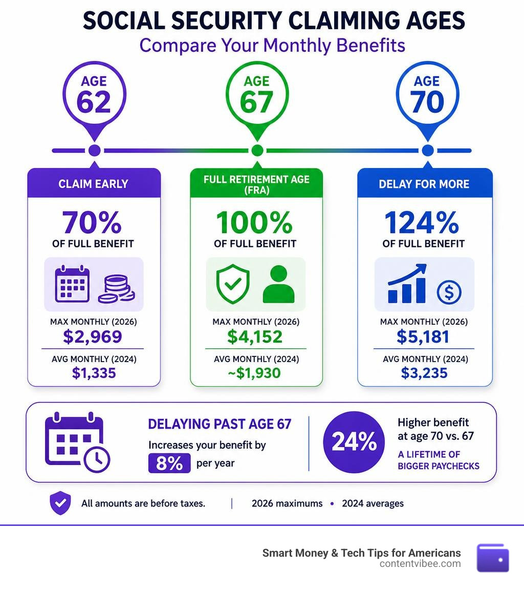 Timeline infographic comparing Social Security claiming ages 62, 67, and 70 with benefit percentages and monthly amounts