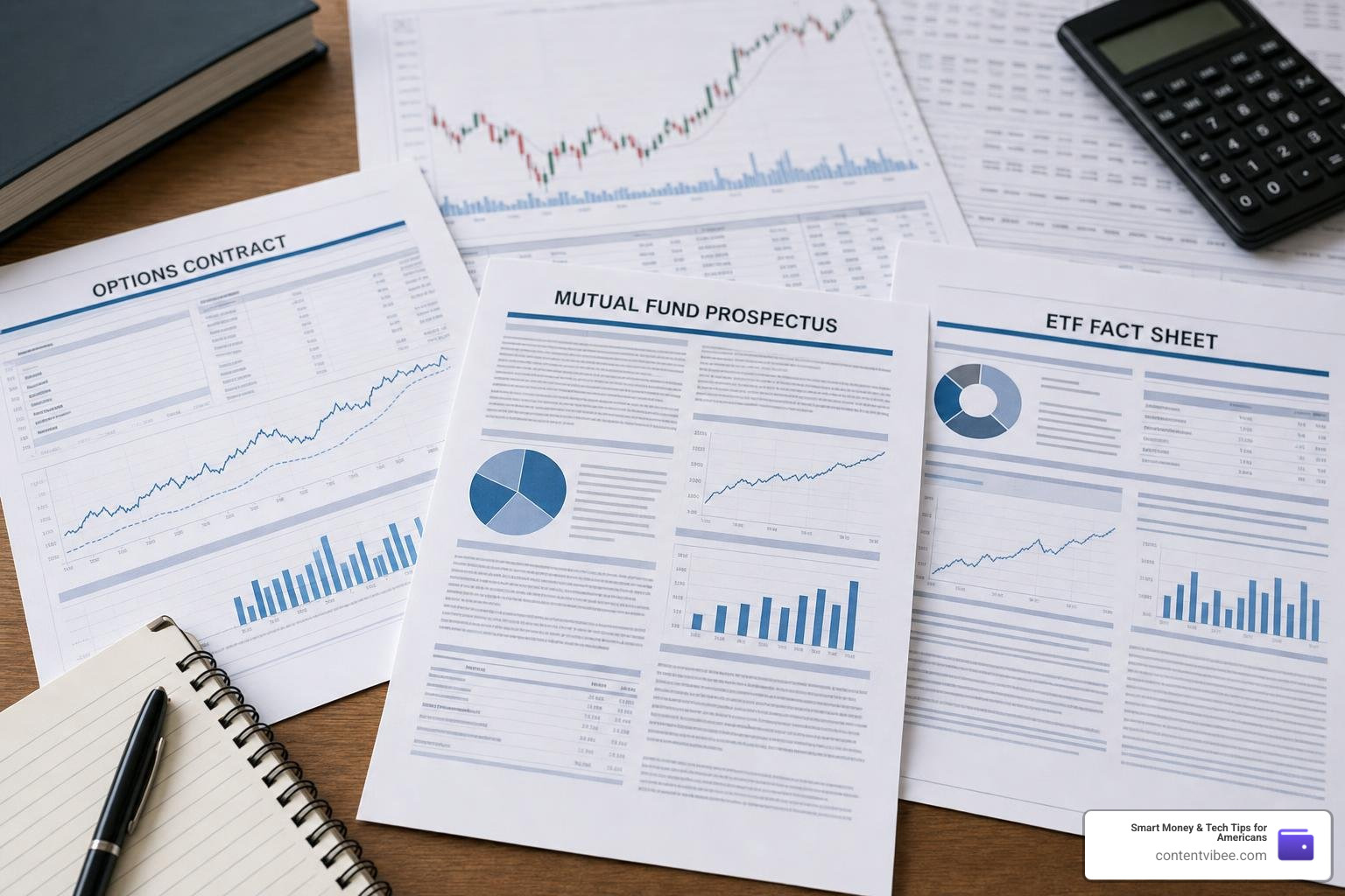 Financial documents detailing options contracts mutual funds and ETF fees