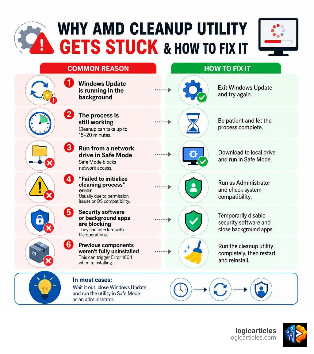 Common reasons AMD Cleanup Utility gets stuck and how to fix each one infographic