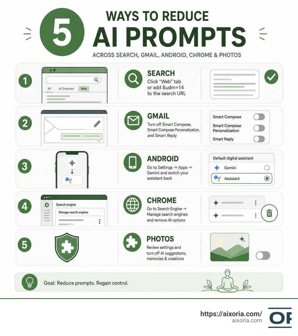 Infographic showing 5 ways to reduce Google AI prompts across Search Gmail Android Chrome and Photos infographic