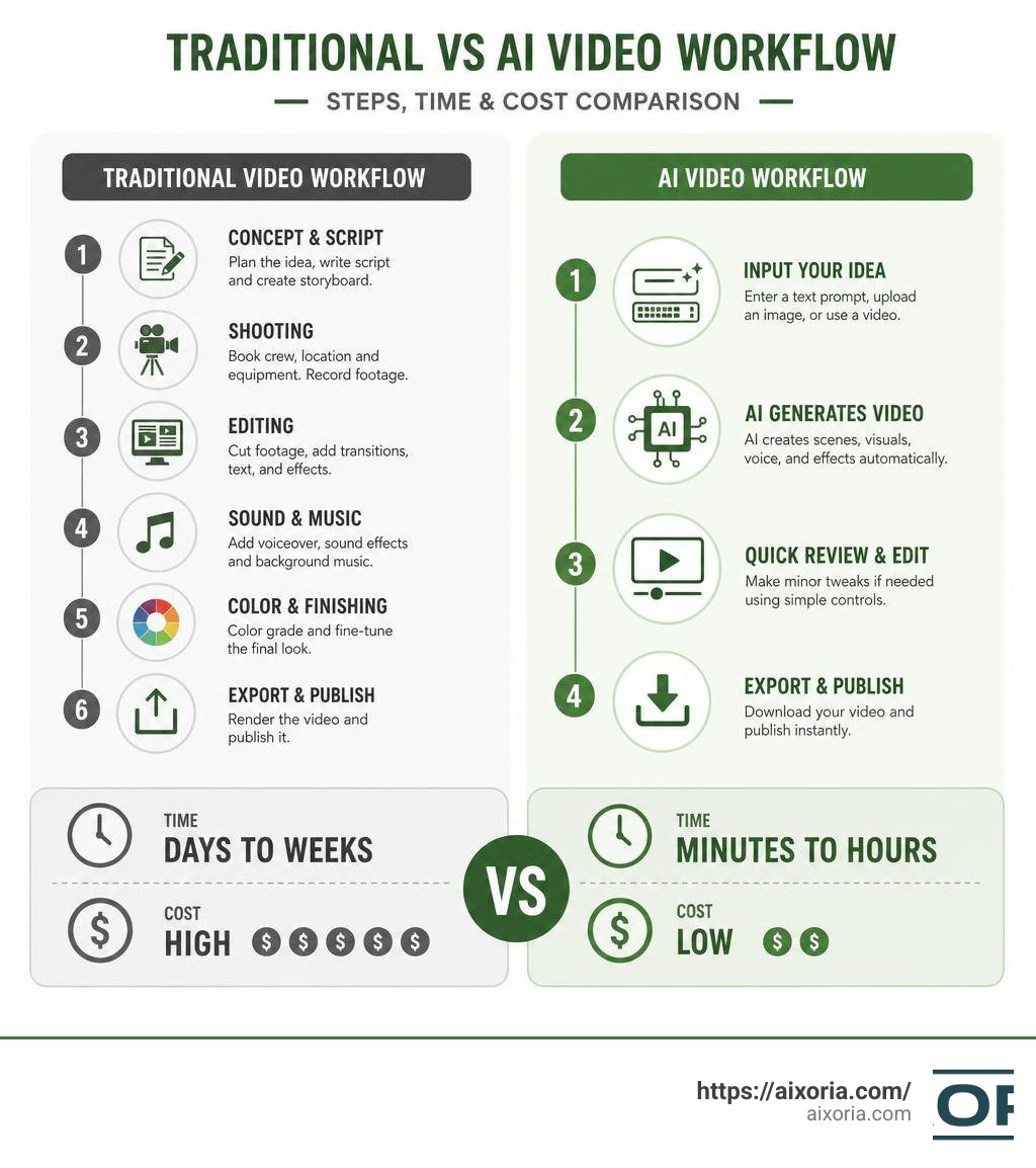 Traditional vs AI video workflow comparison showing steps, time, and cost for each infographic