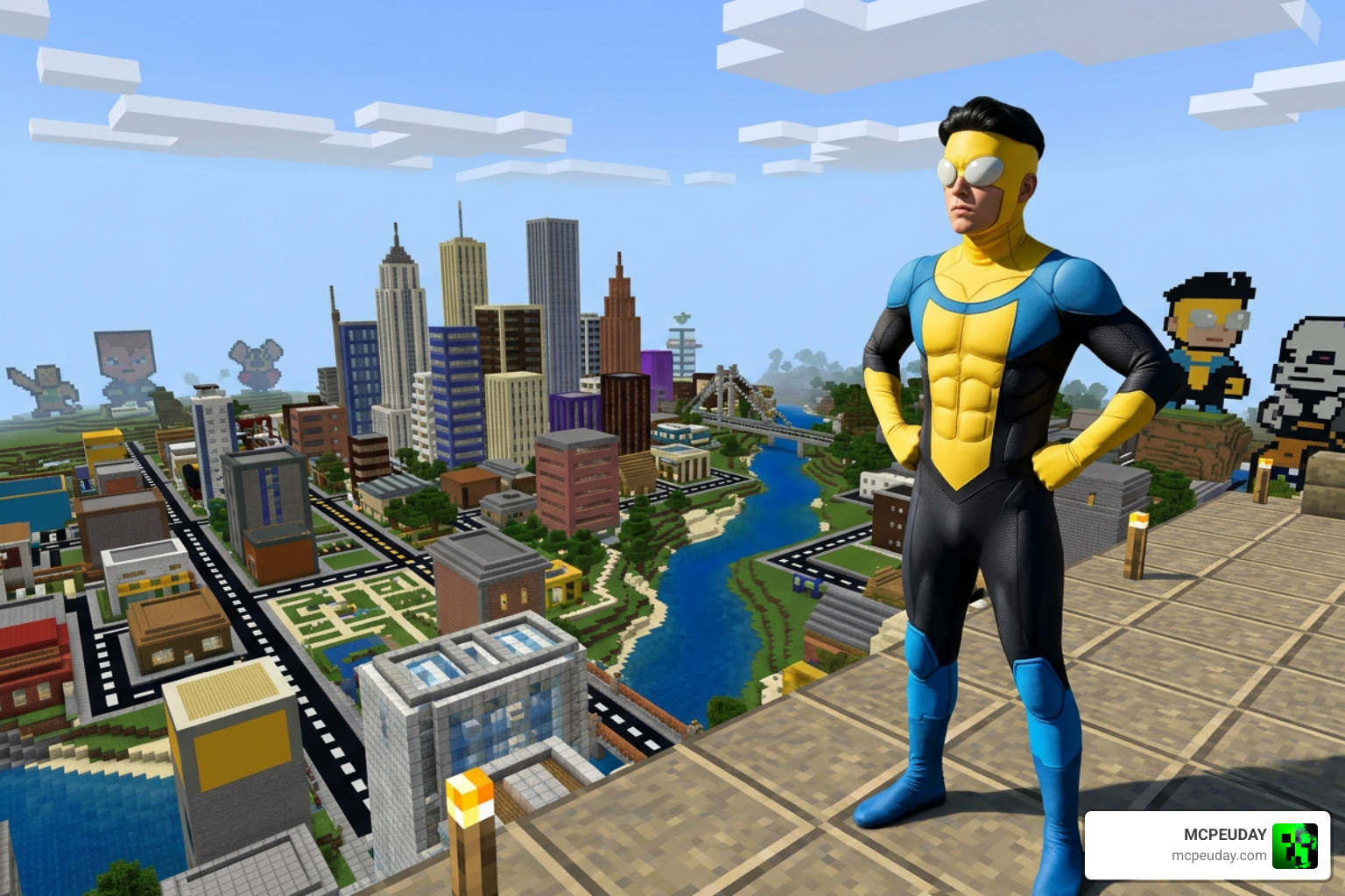 Invincible character standing in a customized Minecraft city world Invincible character standing in a customized Minecraft city world