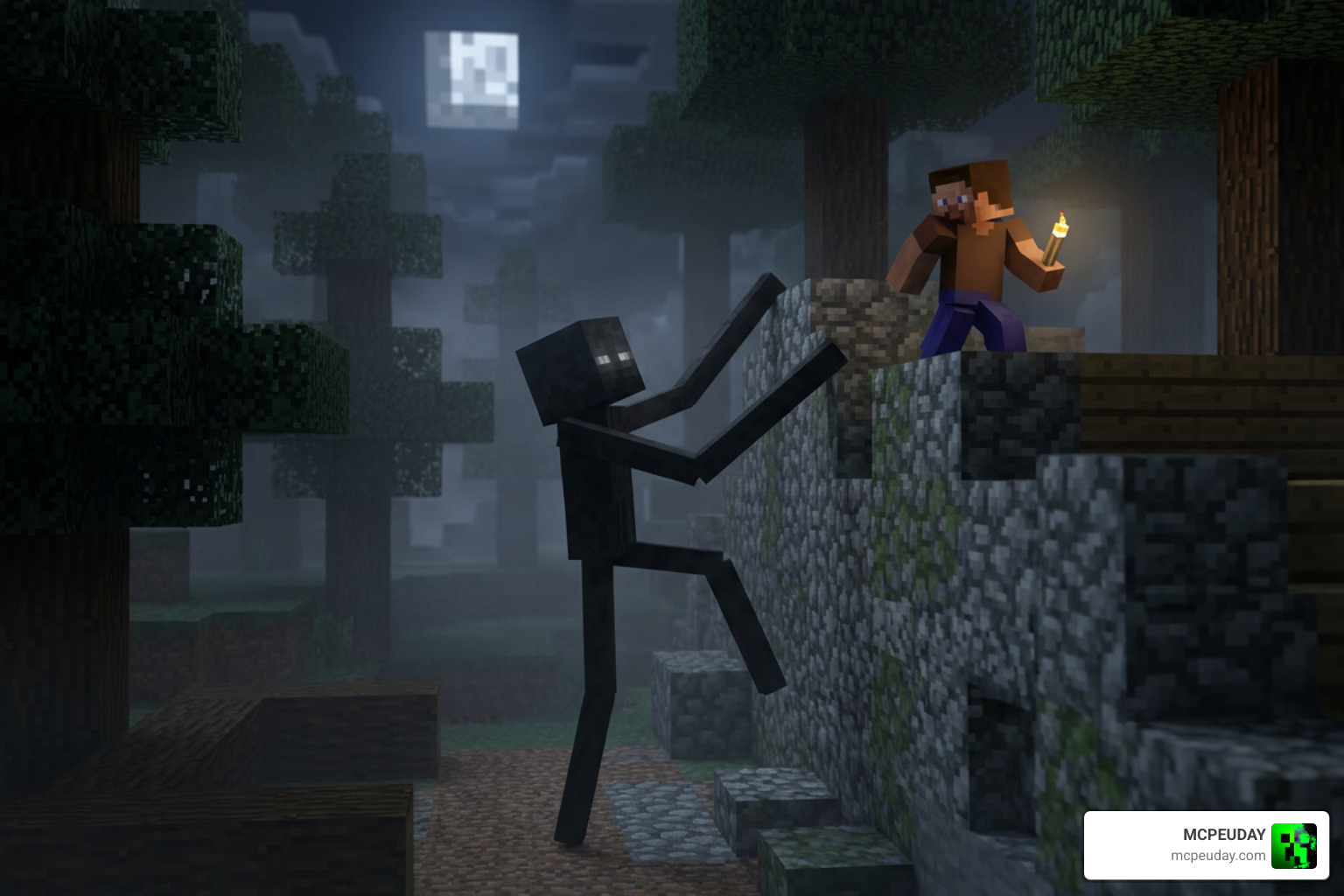 The Man from the Fog climbing a block wall to chase the player The Man from the Fog climbing a block wall to chase the player
