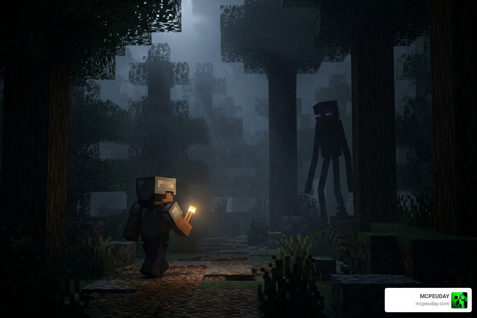 The Man from the Fog Addon stalking player in dark Minecraft forest The Man from the Fog Addon stalking player in dark Minecraft forest