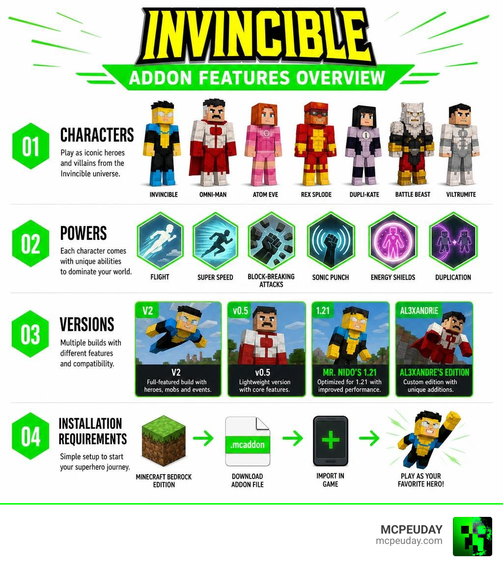Invincible Addon features overview: characters, powers, versions, installation requirements infographic Invincible Addon features overview: characters, powers, versions, installation requirements infographic