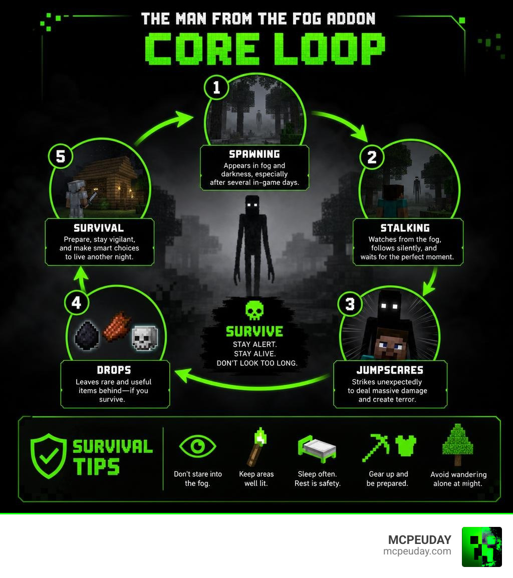 Infographic showing Man from the Fog Addon core loop: spawning, stalking, jumpscares, drops, and survival tips infographic Infographic showing Man from the Fog Addon core loop: spawning, stalking, jumpscares, drops, and survival tips infographic