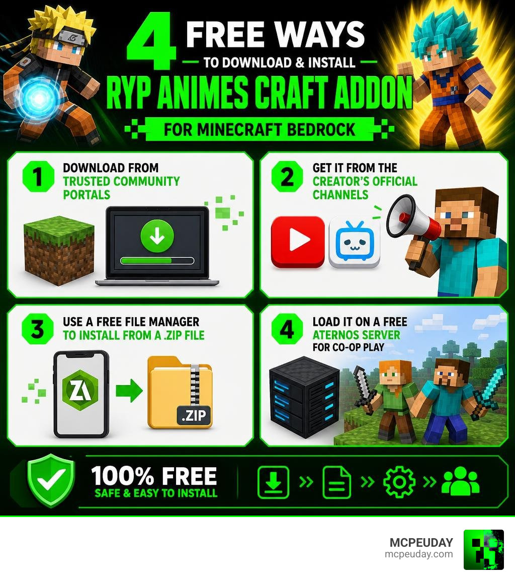 Infographic showing 4 free ways to download and install the Ryp Animes Craft Addon for Minecraft Bedrock infographic