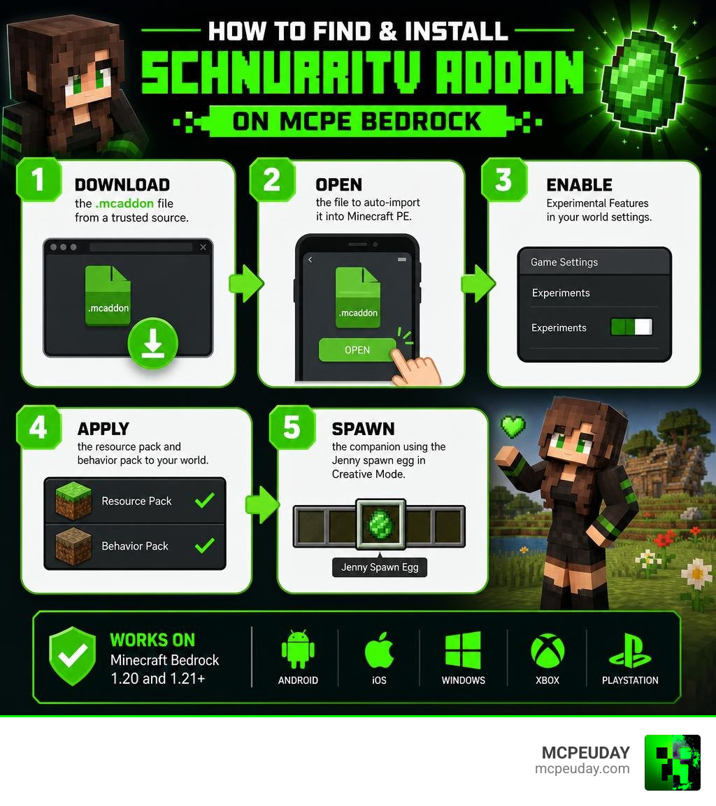 How to find and install the SchnurriTV Addon on MCPE Bedrock step by step infographic