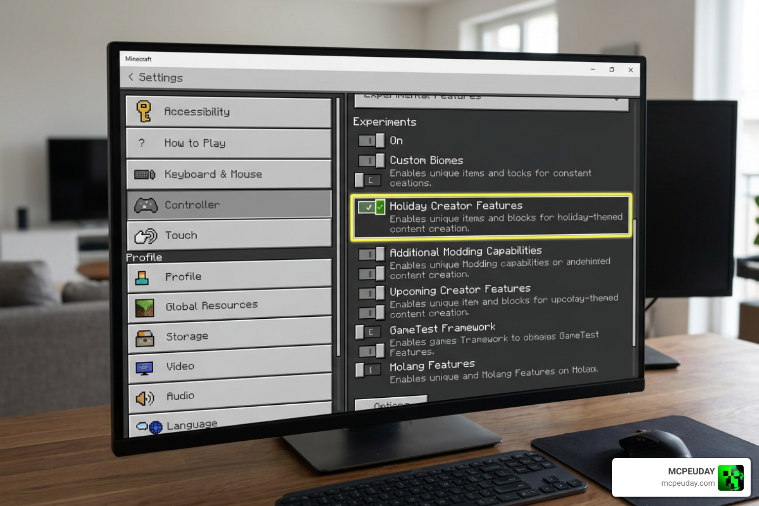 Minecraft Bedrock experimental settings menu highlighting Holiday Creator Features Minecraft Bedrock experimental settings menu highlighting Holiday Creator Features