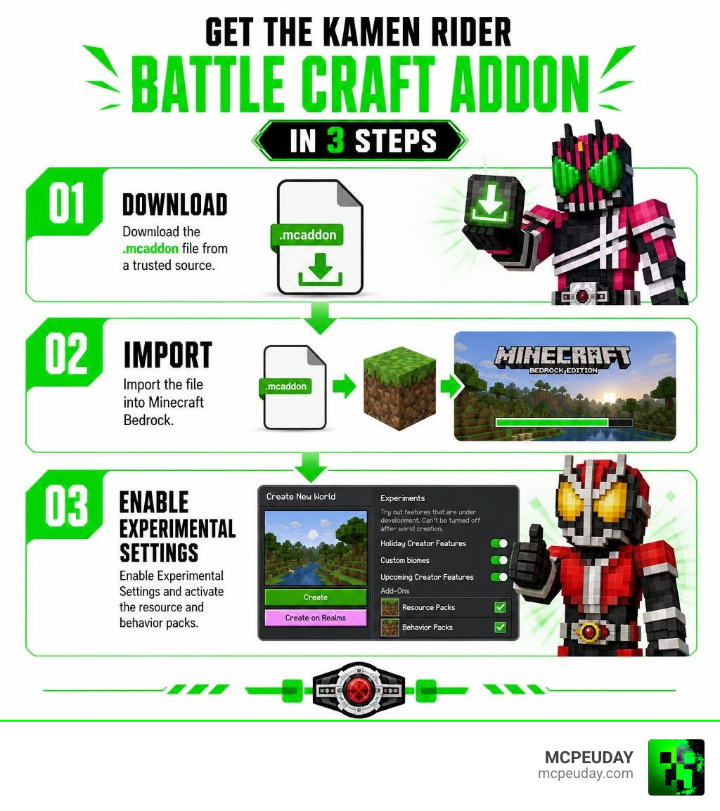 3-step infographic: Download mcaddon file, Import to Minecraft Bedrock, Enable Experimental Settings infographic 3-step infographic: Download mcaddon file, Import to Minecraft Bedrock, Enable Experimental Settings infographic