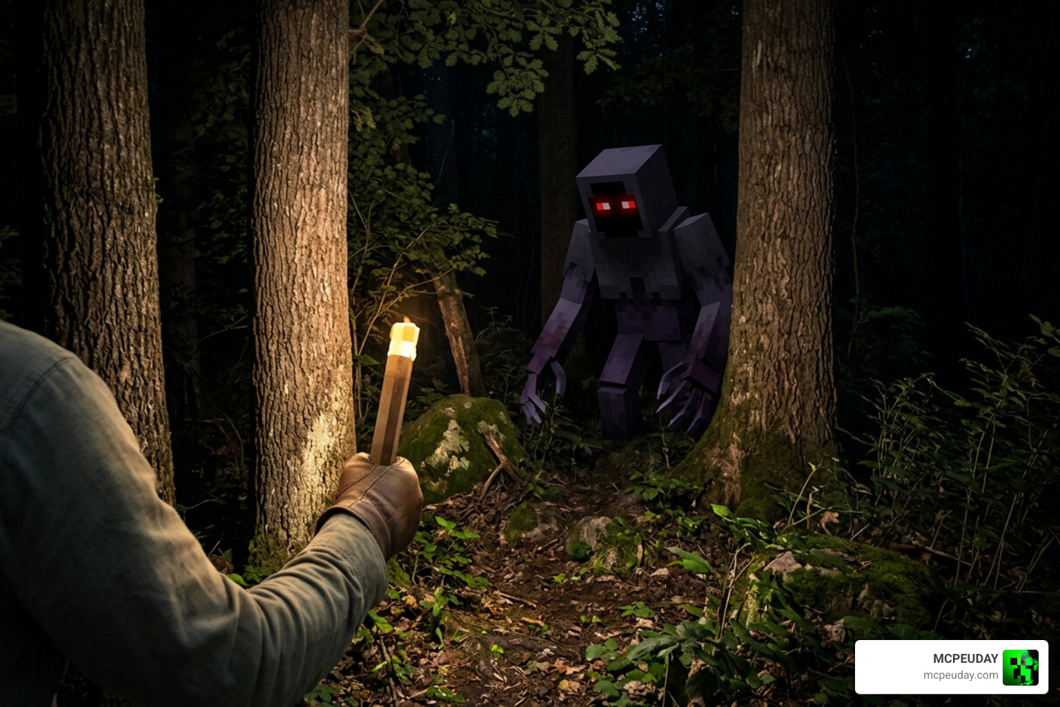 Terrifying custom entity stalking the player in a dark Minecraft forest Terrifying custom entity stalking the player in a dark Minecraft forest