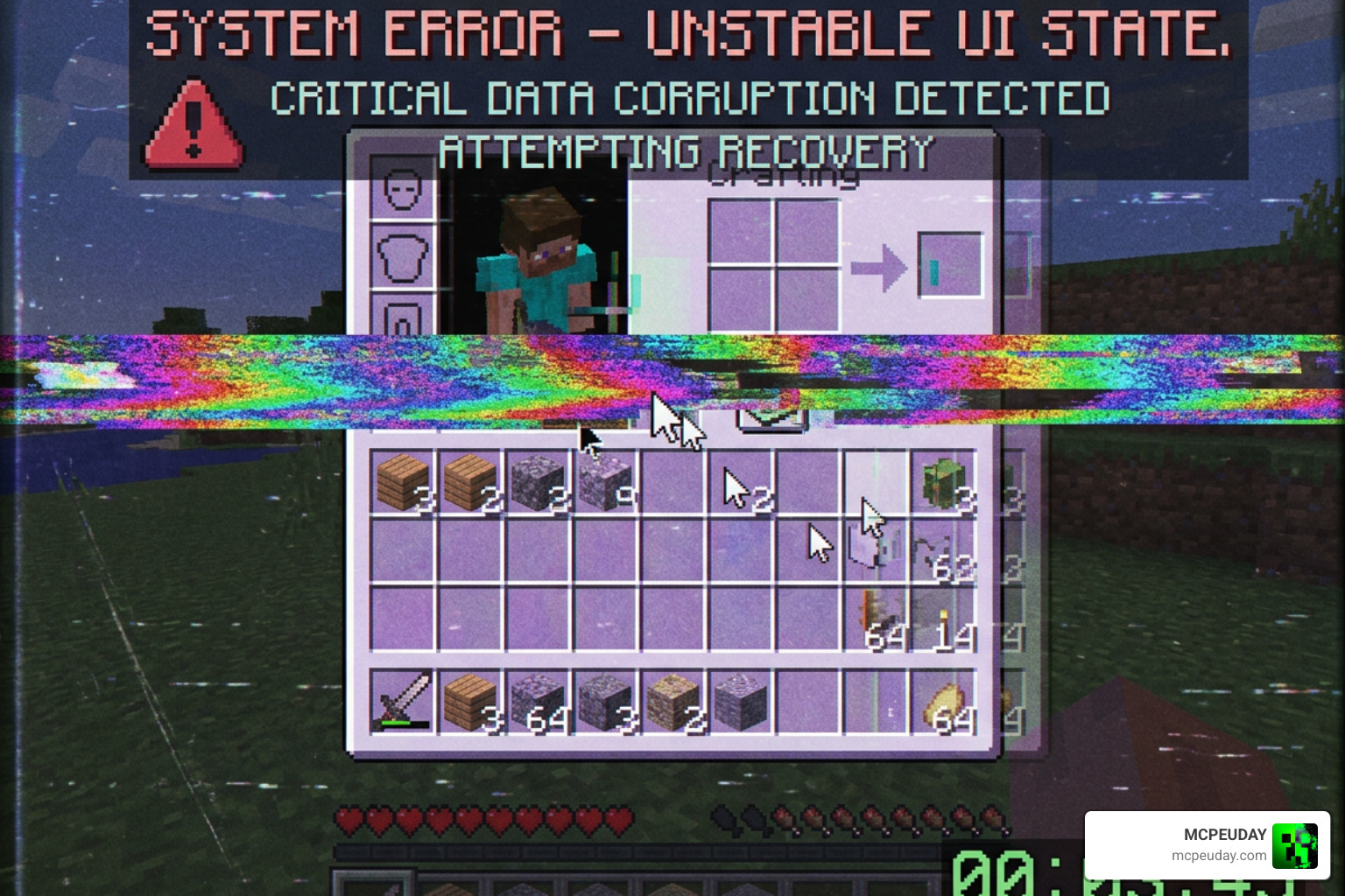 Glitched Minecraft UI with a VHS screen overlay and warning text Glitched Minecraft UI with a VHS screen overlay and warning text