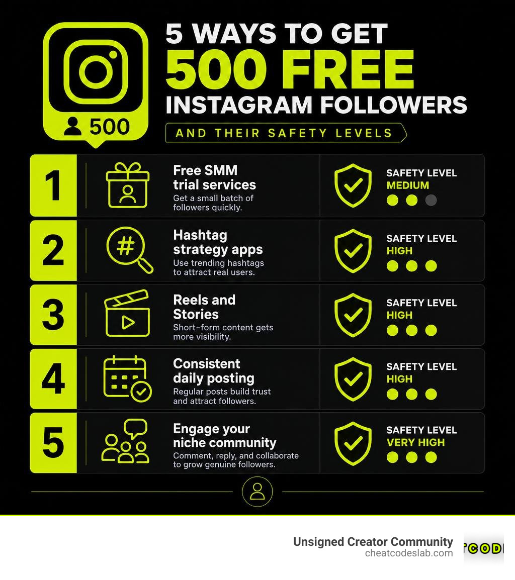 Infographic showing 5 ways to get 500 free Instagram followers and their safety levels infographic Infographic showing 5 ways to get 500 free Instagram followers and their safety levels infographic