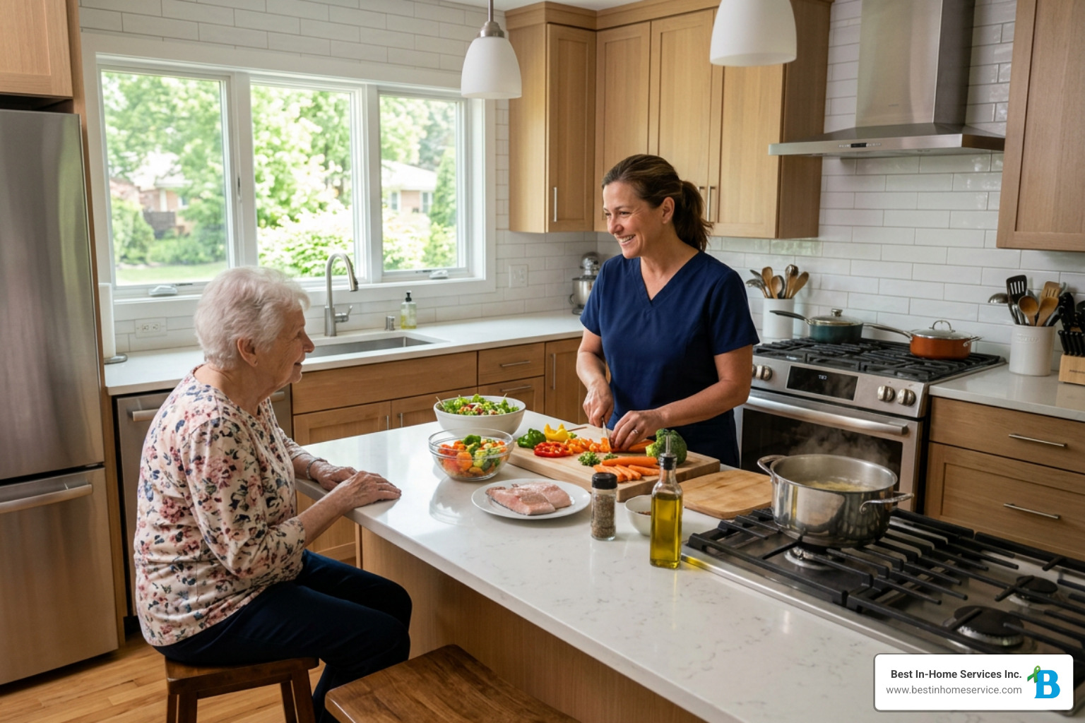 A professional caregiver preparing a healthy meal in a bright, modern Schaumburg home kitchen