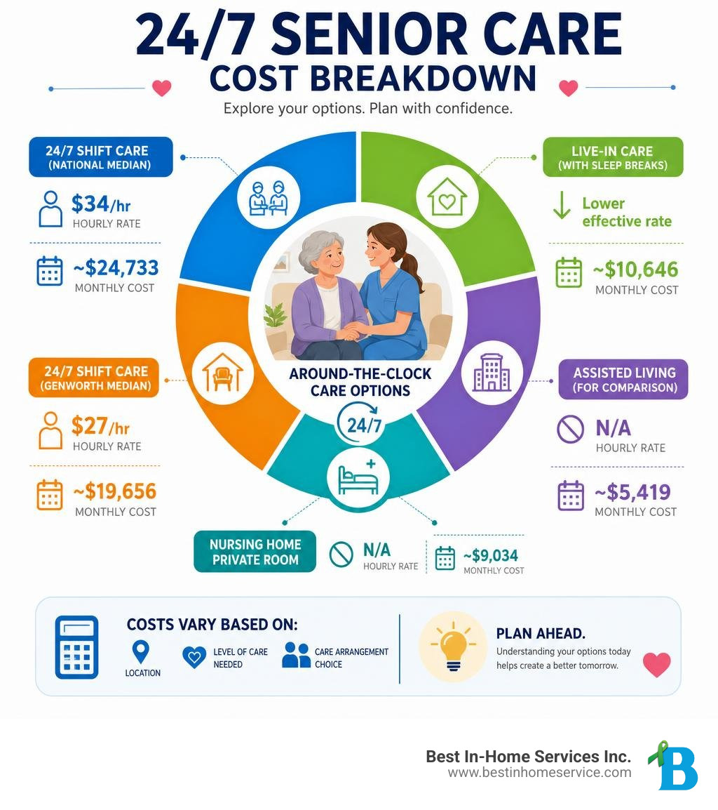 Breakdown of 24/7 senior care options including shift care, live-in care, and facility costs infographic