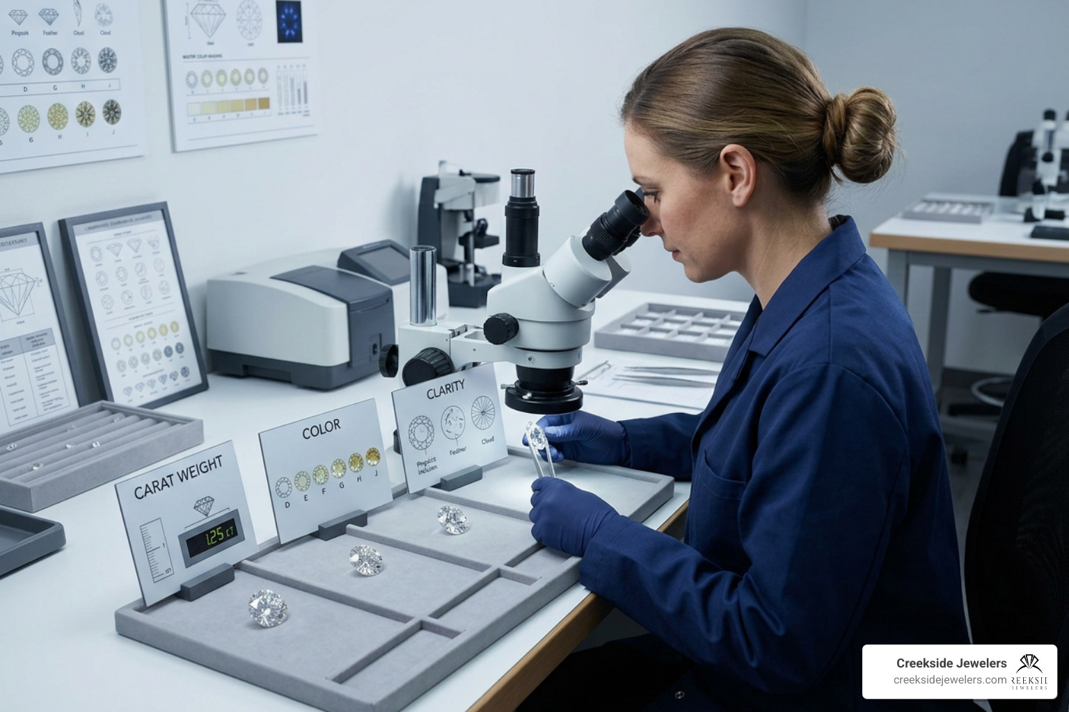 Diamond grading process showing the 4Cs of lab-grown diamonds