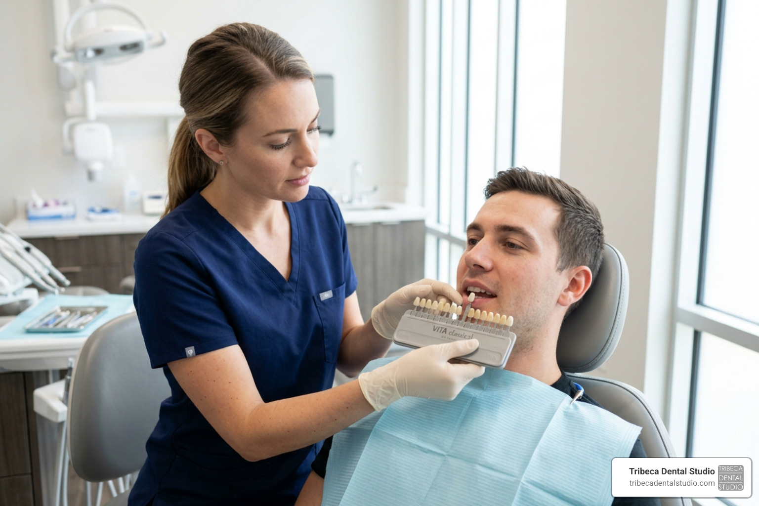 Dentist using a dental shade matching guide under natural light Dentist using a dental shade matching guide under natural light