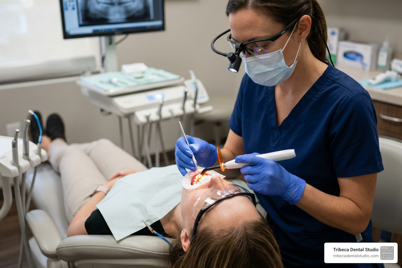 A dentist carefully placing composite resin on a patient's front tooth using a curing light A dentist carefully placing composite resin on a patient's front tooth using a curing light