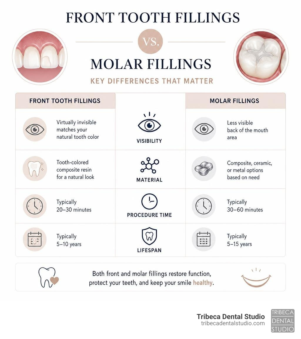 Infographic comparing front tooth fillings vs molar fillings: visibility, material, procedure time, and lifespan infographic Infographic comparing front tooth fillings vs molar fillings: visibility, material, procedure time, and lifespan infographic