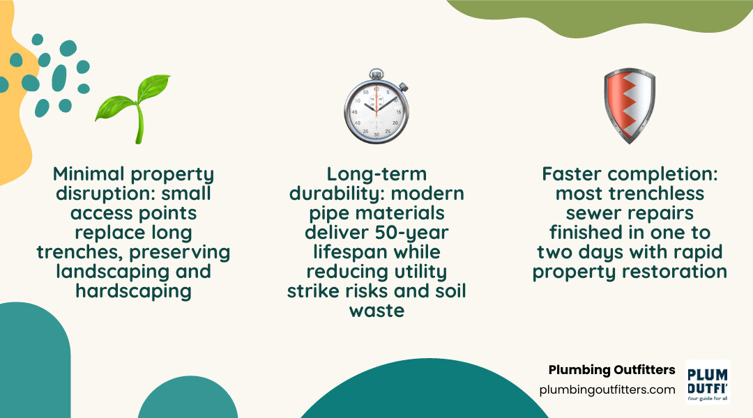 Infographic showing trenchless sewer repair benefits: minimal disruption, 1-2 day completion, 50-year lifespan, lower Infographic showing trenchless sewer repair benefits: minimal disruption, 1-2 day completion, 50-year lifespan, lower