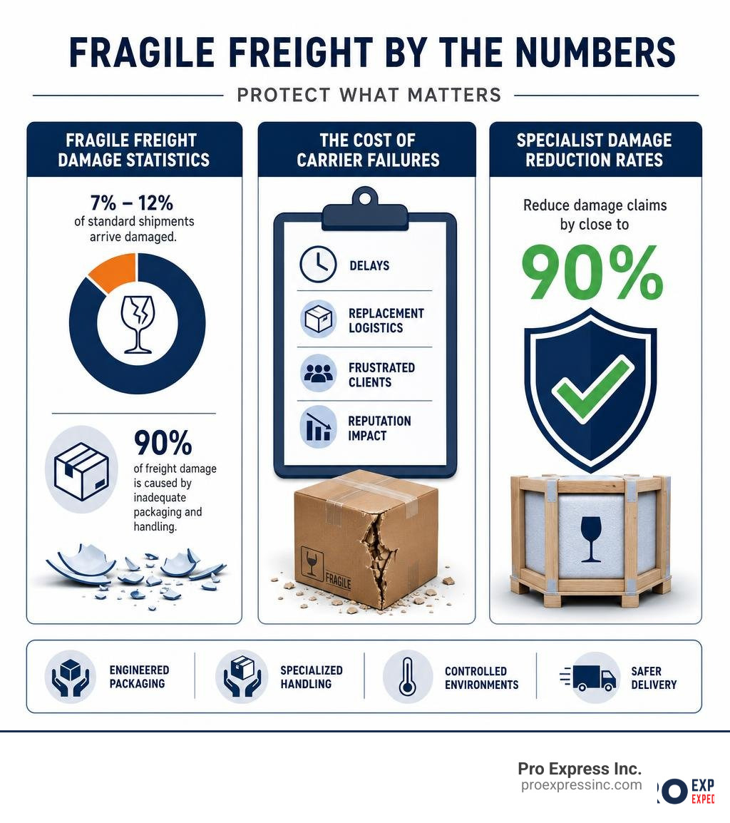 Infographic showing fragile freight damage statistics, cost of carrier failures, and specialist damage reduction rates