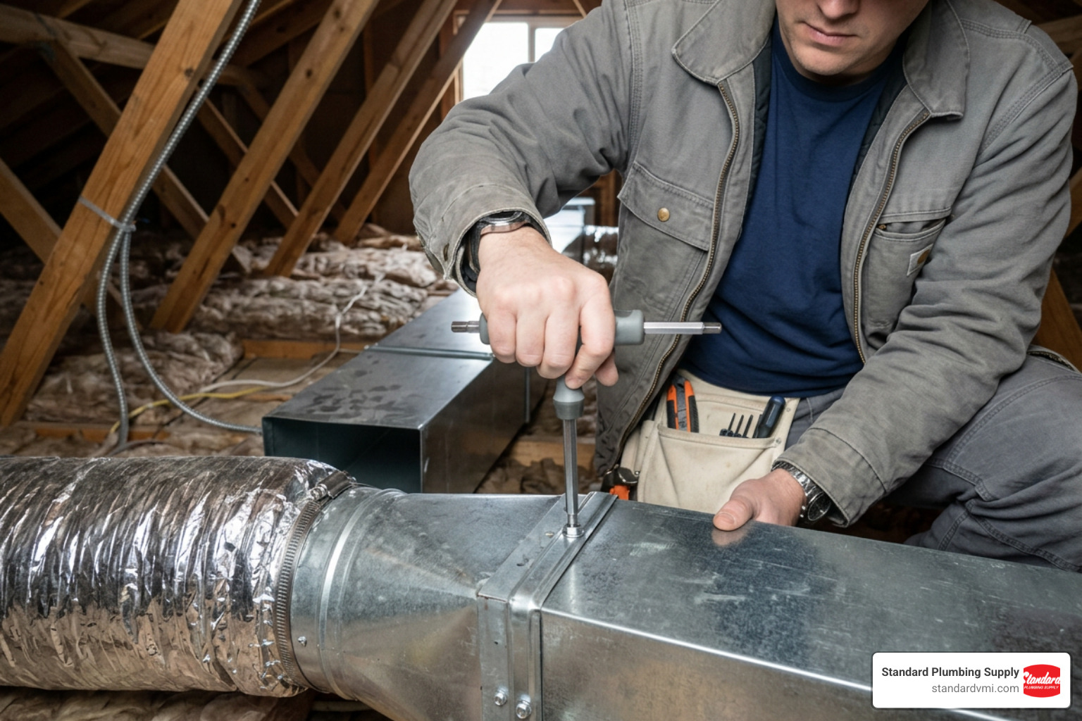 An HVAC technician installing ductwork using a dual-size hex driver