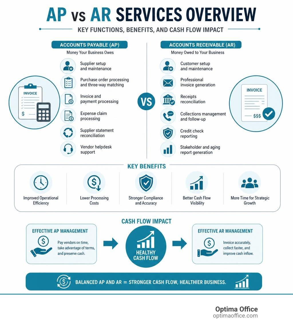 AP vs AR services overview: key functions, benefits, and cash flow impact infographic infographic AP vs AR services overview: key functions, benefits, and cash flow impact infographic infographic