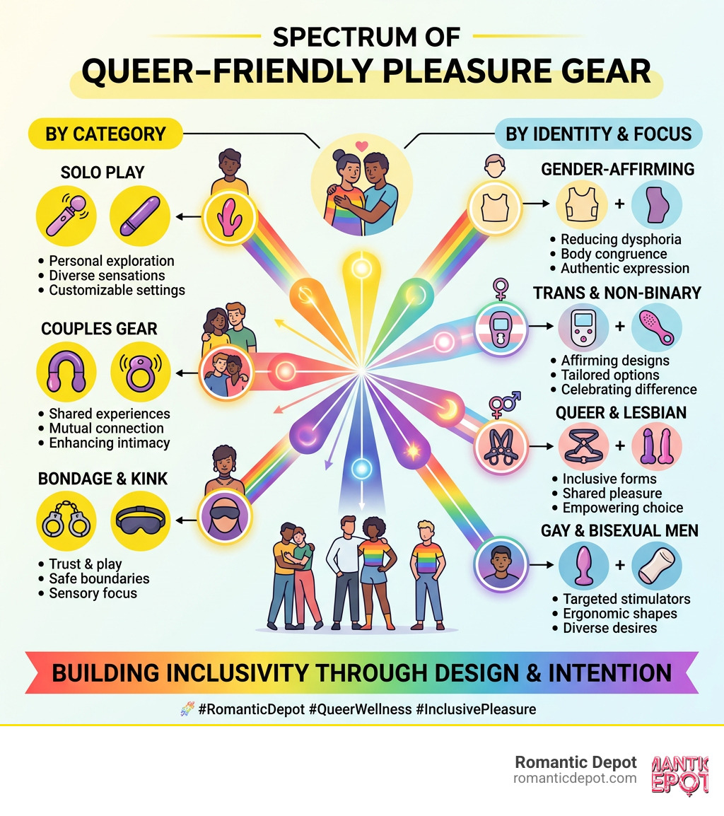 Infographic showing spectrum of queer-friendly pleasure gear by category and identity infographic Infographic showing spectrum of queer-friendly pleasure gear by category and identity infographic