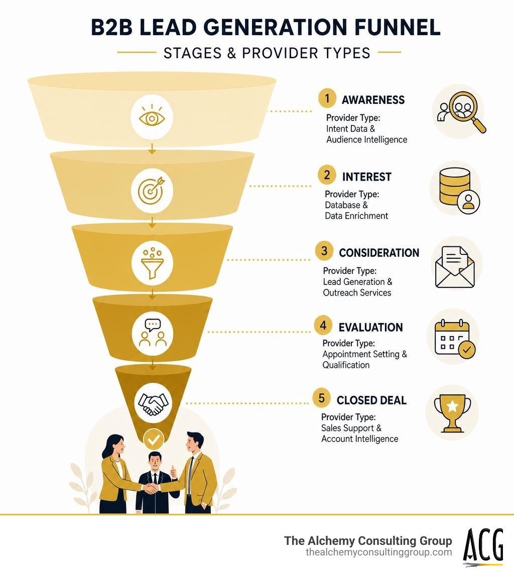 B2B lead generation funnel showing stages from awareness to closed deal with provider types at each stage infographic B2B lead generation funnel showing stages from awareness to closed deal with provider types at each stage infographic