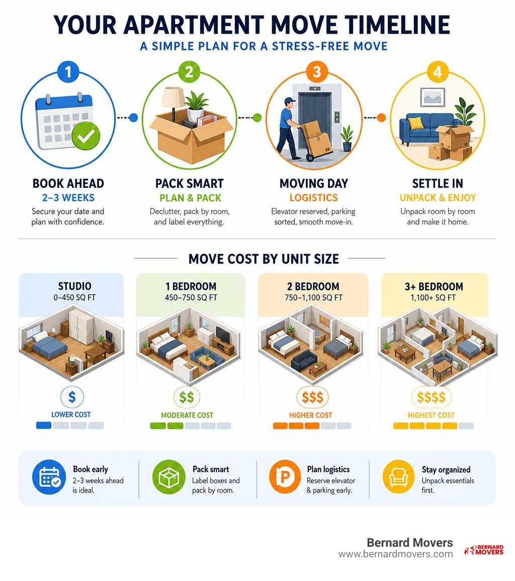 Infographic showing apartment move timeline: booking 2-3 weeks ahead, packing, moving day logistics, and cost breakdown by