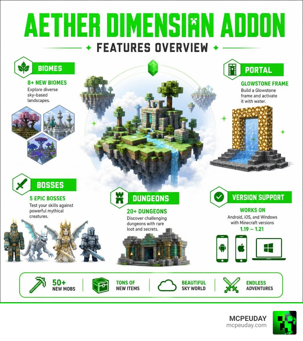 Aether Dimension Addon features overview: biomes, portal, bosses, dungeons, and version support infographic Aether Dimension Addon features overview: biomes, portal, bosses, dungeons, and version support infographic