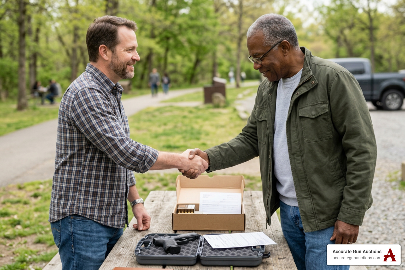Two people shaking hands over a private firearm transaction