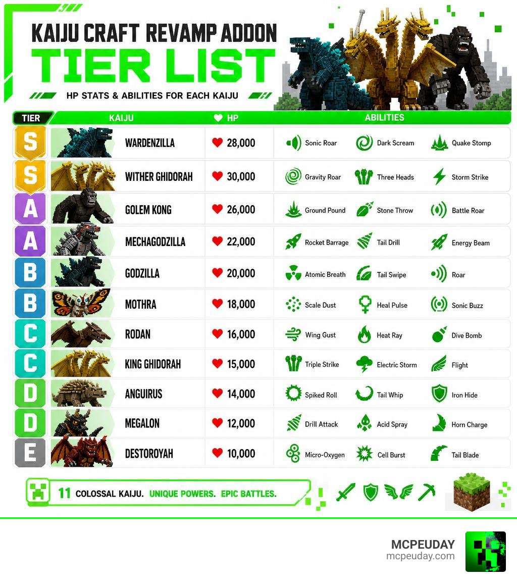 Kaiju Craft Revamp Addon tier list infographic with HP stats and abilities for each Kaiju infographic Kaiju Craft Revamp Addon tier list infographic with HP stats and abilities for each Kaiju infographic