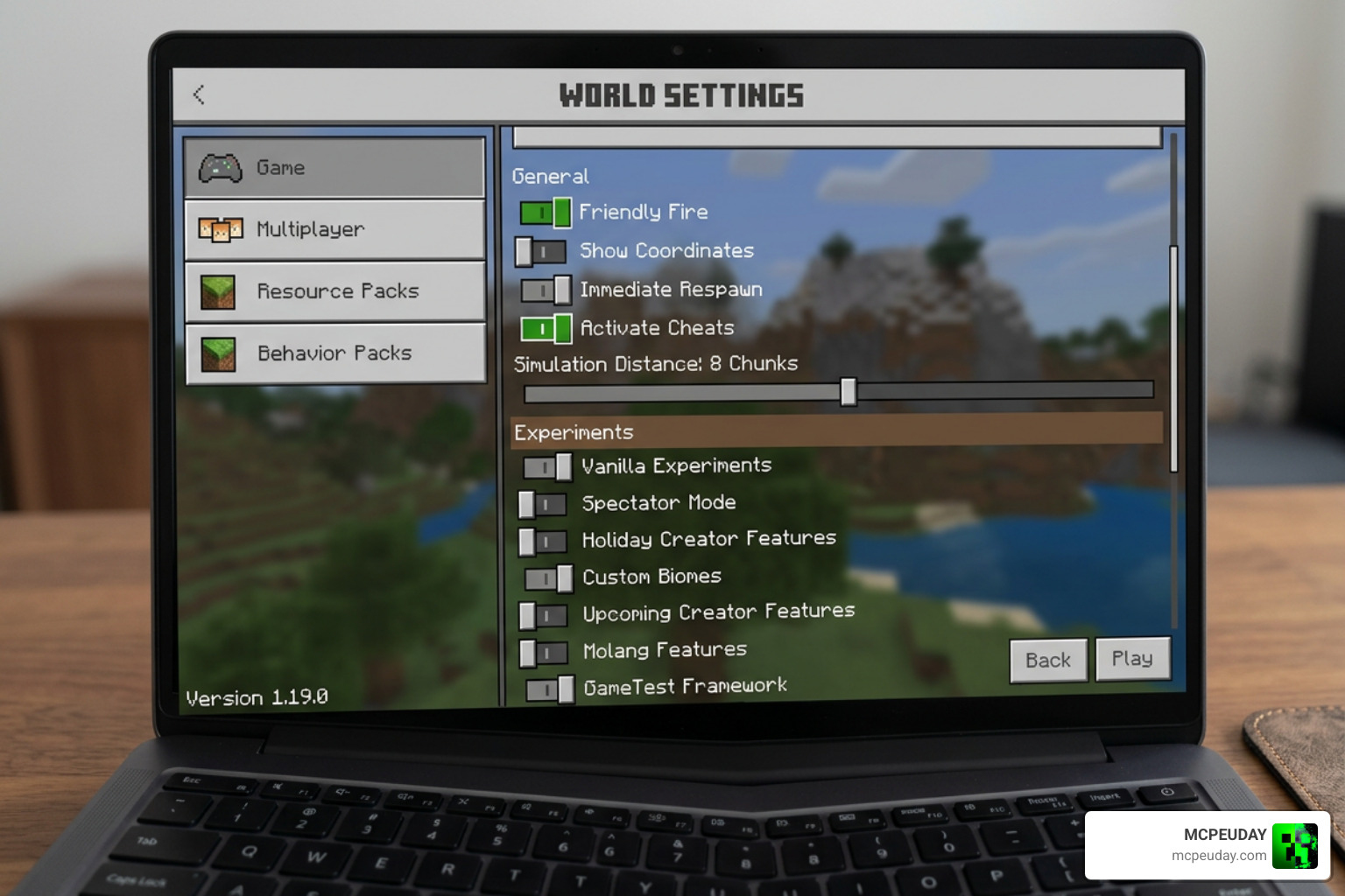 Minecraft Bedrock experimental settings menu Minecraft Bedrock experimental settings menu