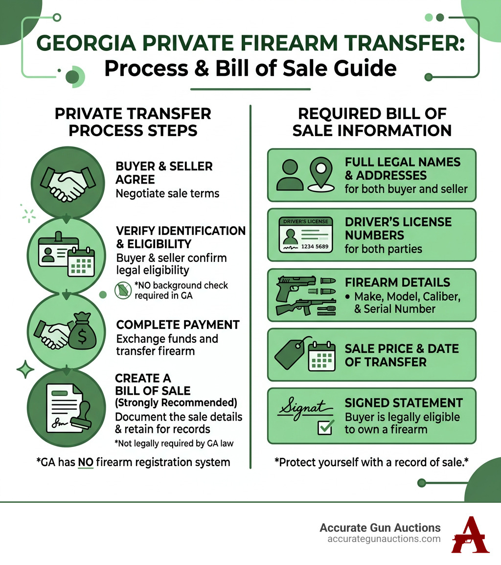Georgia private firearm transfer process steps and required bill of sale information infographic