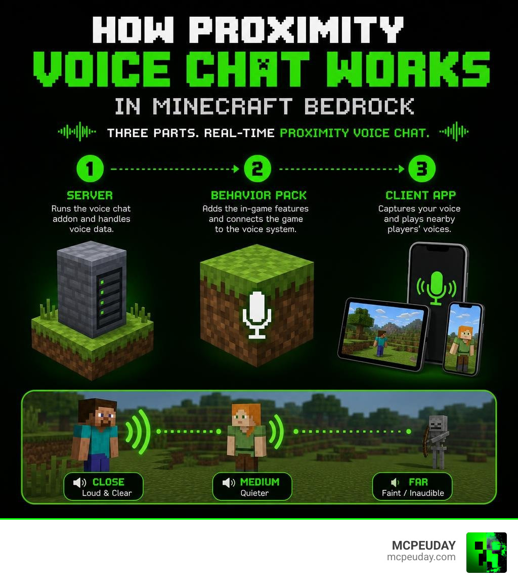 How proximity voice chat works in Minecraft Bedrock with three components infographic How proximity voice chat works in Minecraft Bedrock with three components infographic