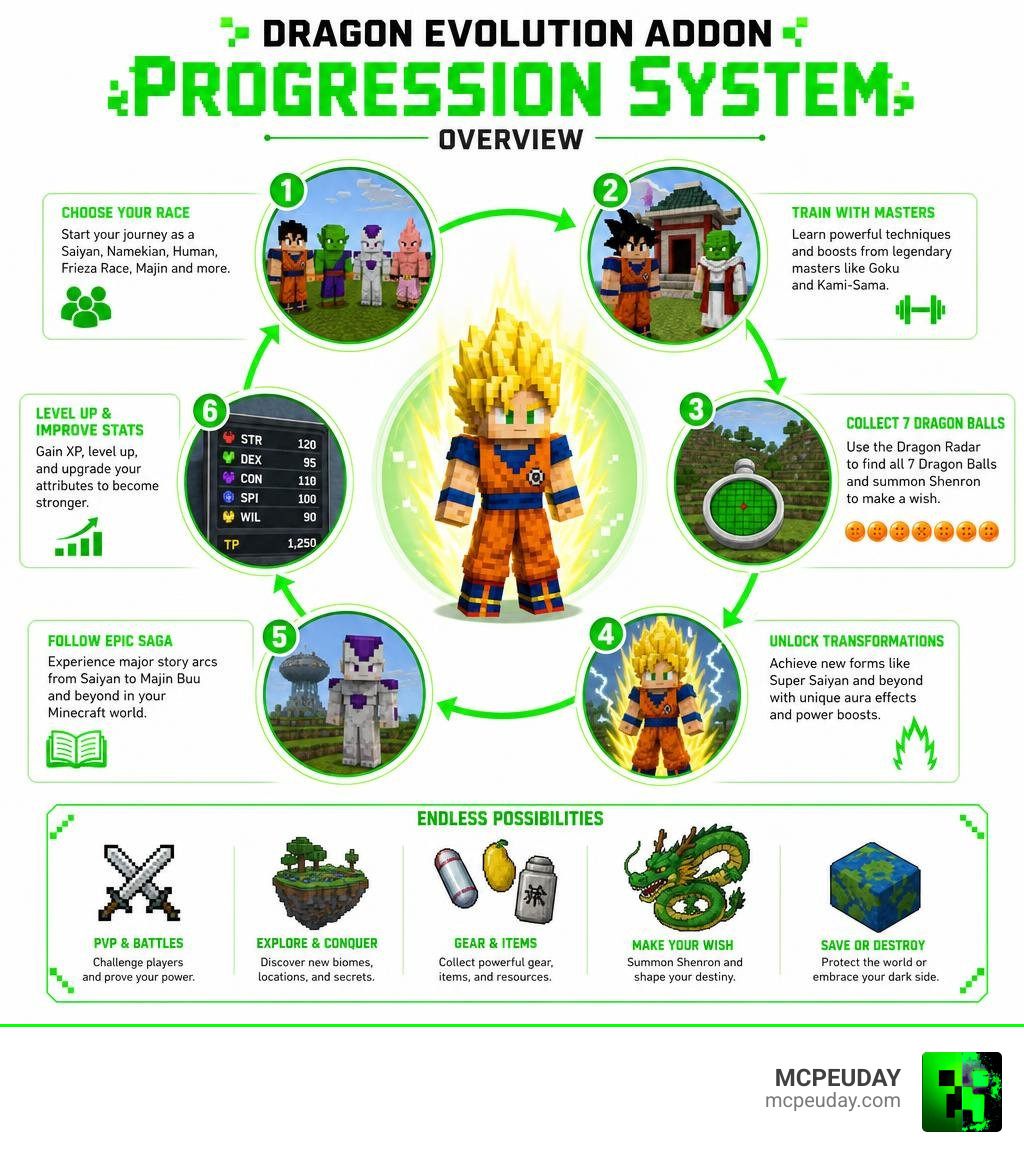 Dragon Ball progression system overview infographic for Minecraft Bedrock Dragon Evolution Addon infographic Dragon Ball progression system overview infographic for Minecraft Bedrock Dragon Evolution Addon infographic