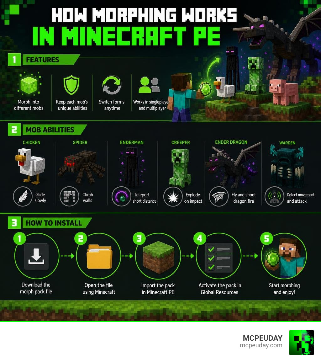 How morphing works in Minecraft PE - features, mob abilities, and install steps infographic infographic How morphing works in Minecraft PE - features, mob abilities, and install steps infographic infographic