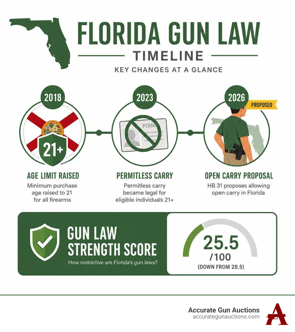 Florida gun law timeline infographic: 2018 age limit raised to 21, 2023 permitless carry, 2026 open carry proposal, strength