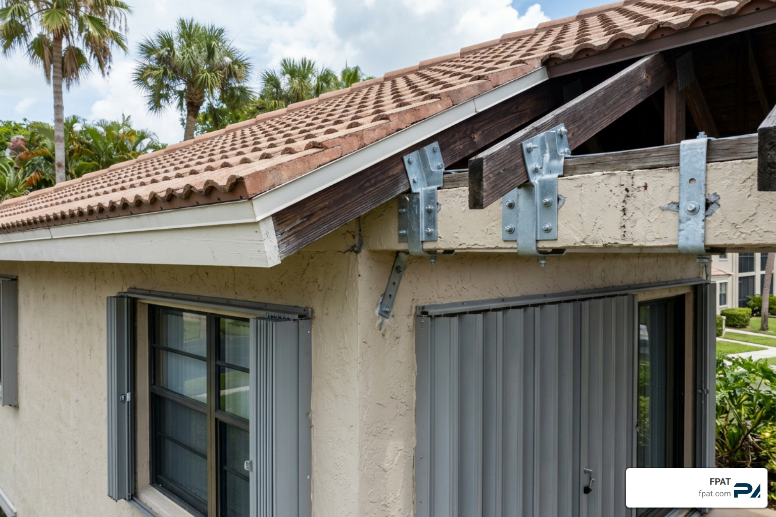 Diagram of wind mitigation features including roof-to-wall attachments and impact-resistant opening protection Diagram of wind mitigation features including roof-to-wall attachments and impact-resistant opening protection