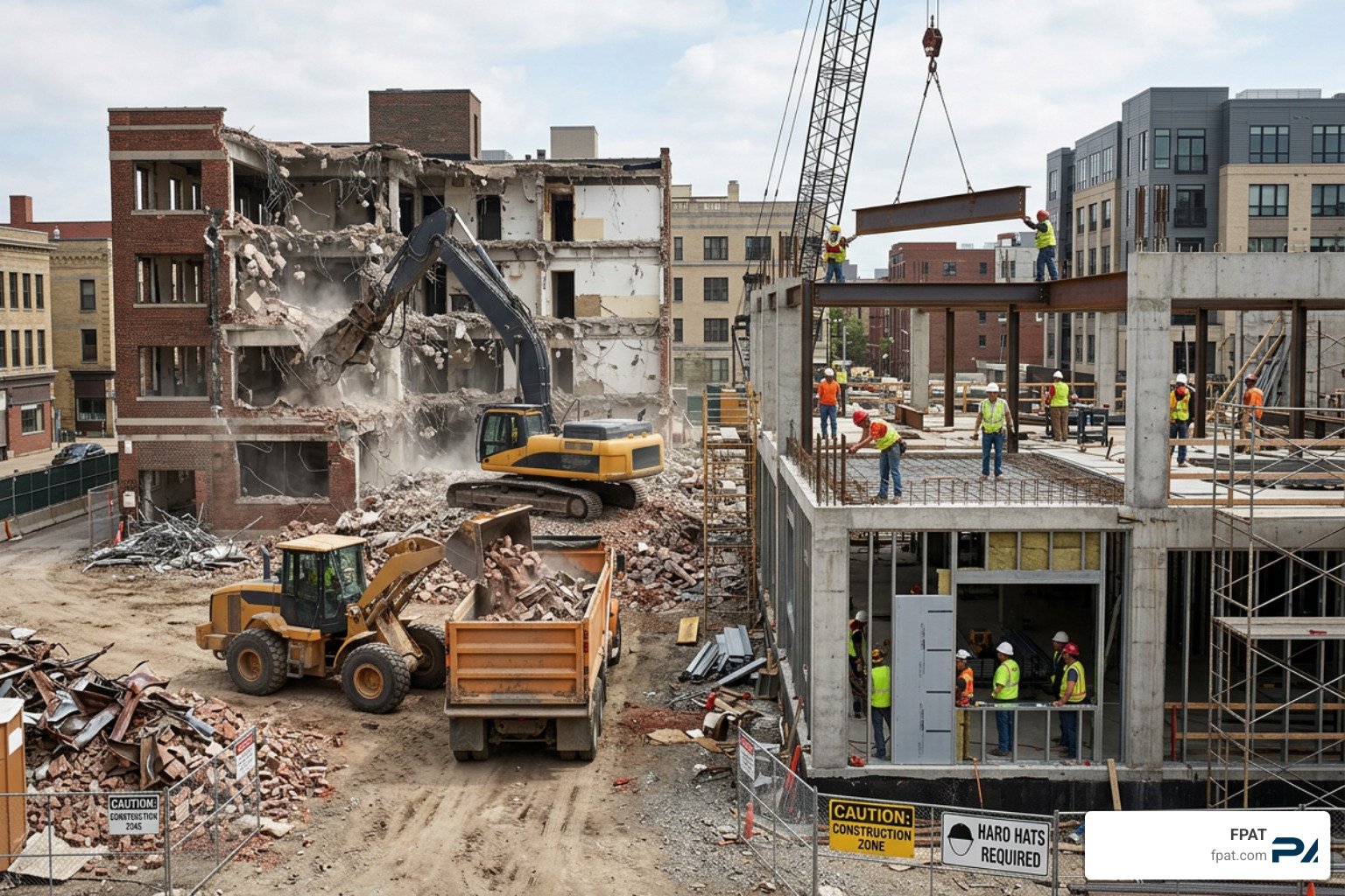 Comparison of new construction versus reconstruction logistics showing demolition and code upgrade steps Comparison of new construction versus reconstruction logistics showing demolition and code upgrade steps