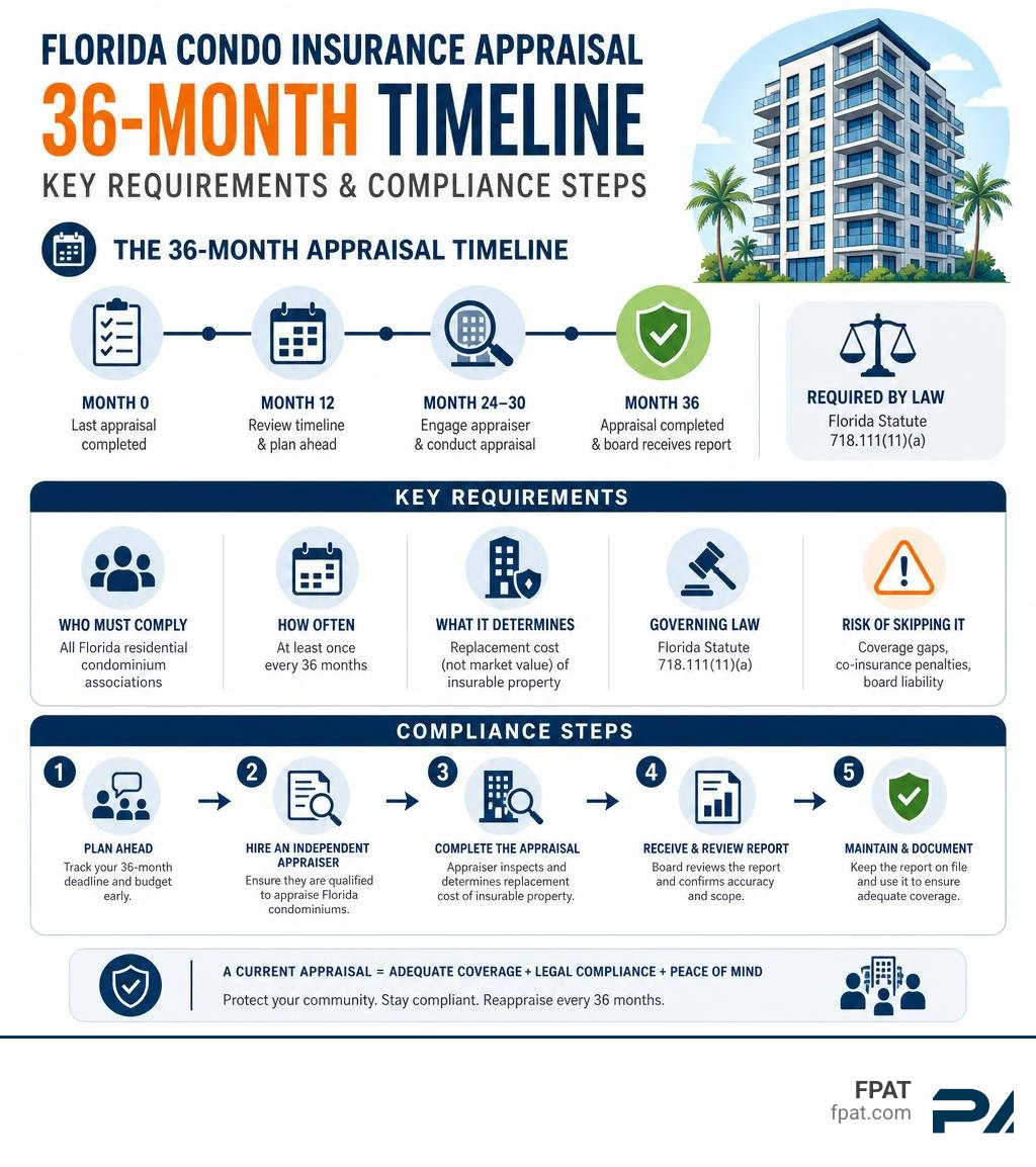 Infographic showing the 36-month Florida condo insurance appraisal timeline, key requirements, and compliance steps Infographic showing the 36-month Florida condo insurance appraisal timeline, key requirements, and compliance steps