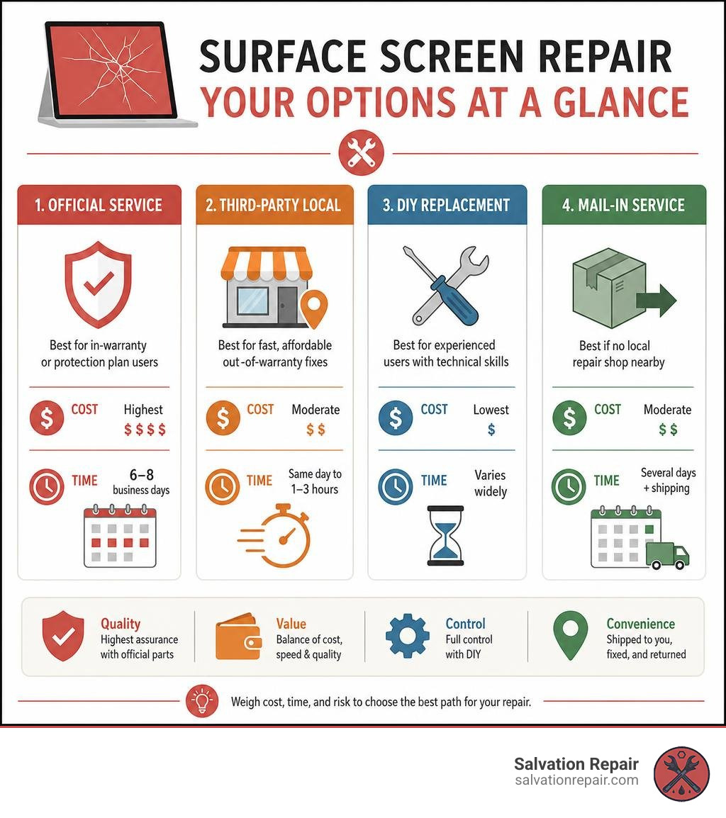 Surface screen repair options infographic showing official vs third-party vs DIY paths with cost and time infographic