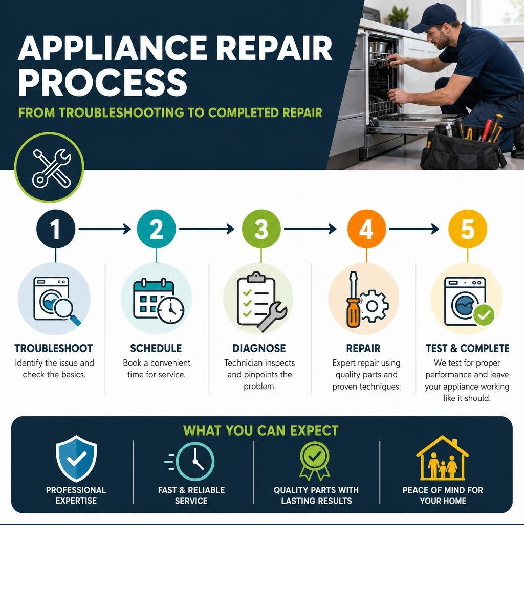 Step-by-step appliance repair process from troubleshooting to completed repair infographic infographic