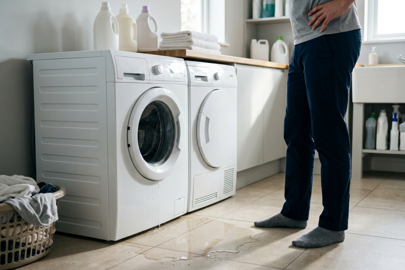 Leaking washing machine pooling water on a laundry room floor